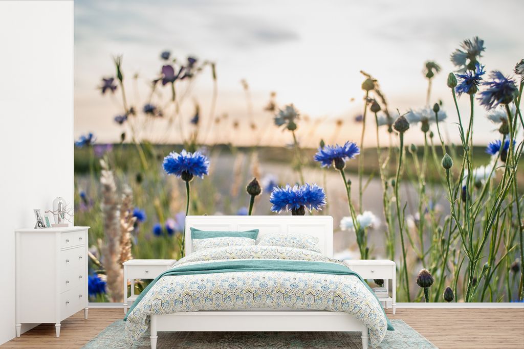 MuchoWow Fototapete für Wohnzimmer oder Schlafzimmer Wandtapete Vinyl Motivtapete Blumen - Sommer - Kornblume - Blau - Sonne - Wolken - 420x280 ...