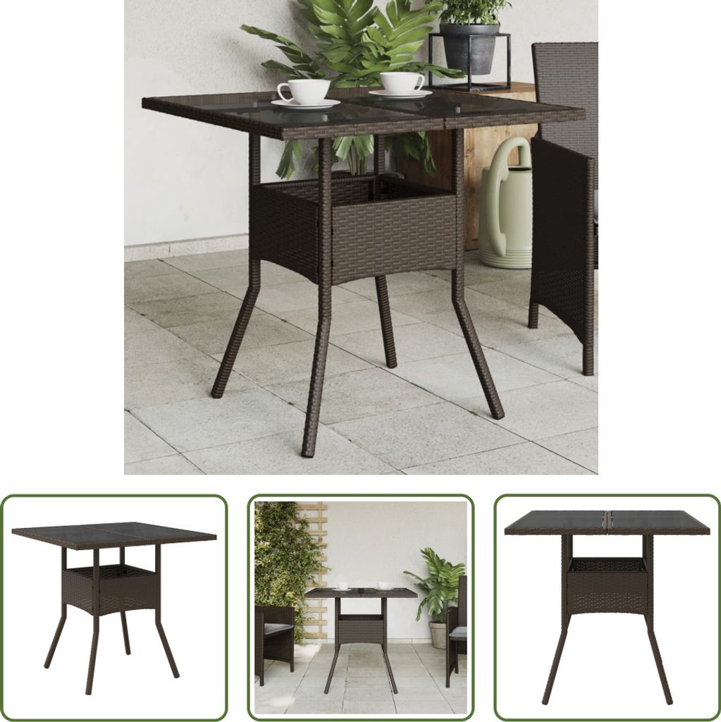 The Living Store Gartentisch mit Glasplatte Braun 80x80x75 cm Poly Rattan