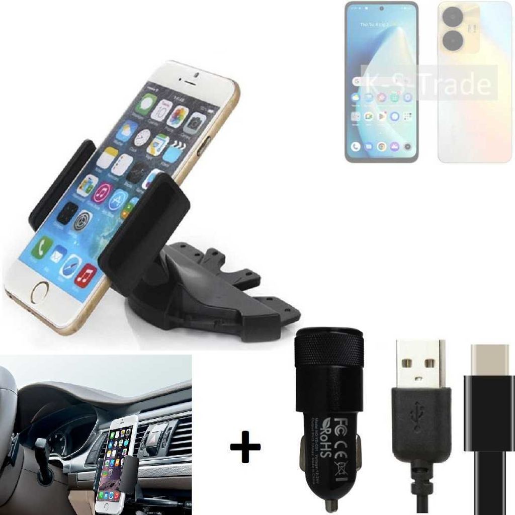 K-S-Trade CD Schlitz Handy-Halterung kompatibel mit Realme C55 Autohalterung KFZ-Halter Radio Handy Halterung 360° drehbar CD-Schacht inkl. USB-C