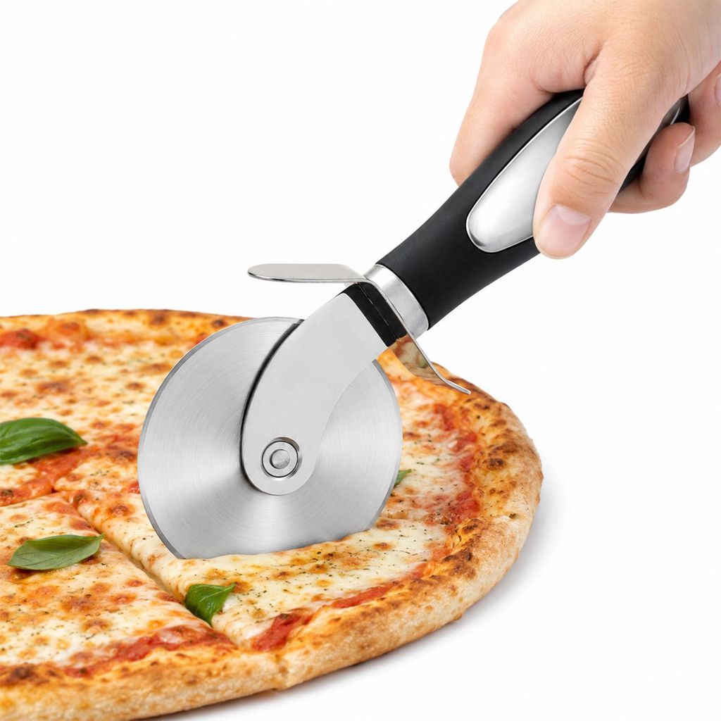 Pizzaschneider Edelstahl, Pizza Roller mit scharfer Klinge 7,5cm, ergonomischer Griff mit Fingerschutz, spülmaschinengeeignet, schwarz