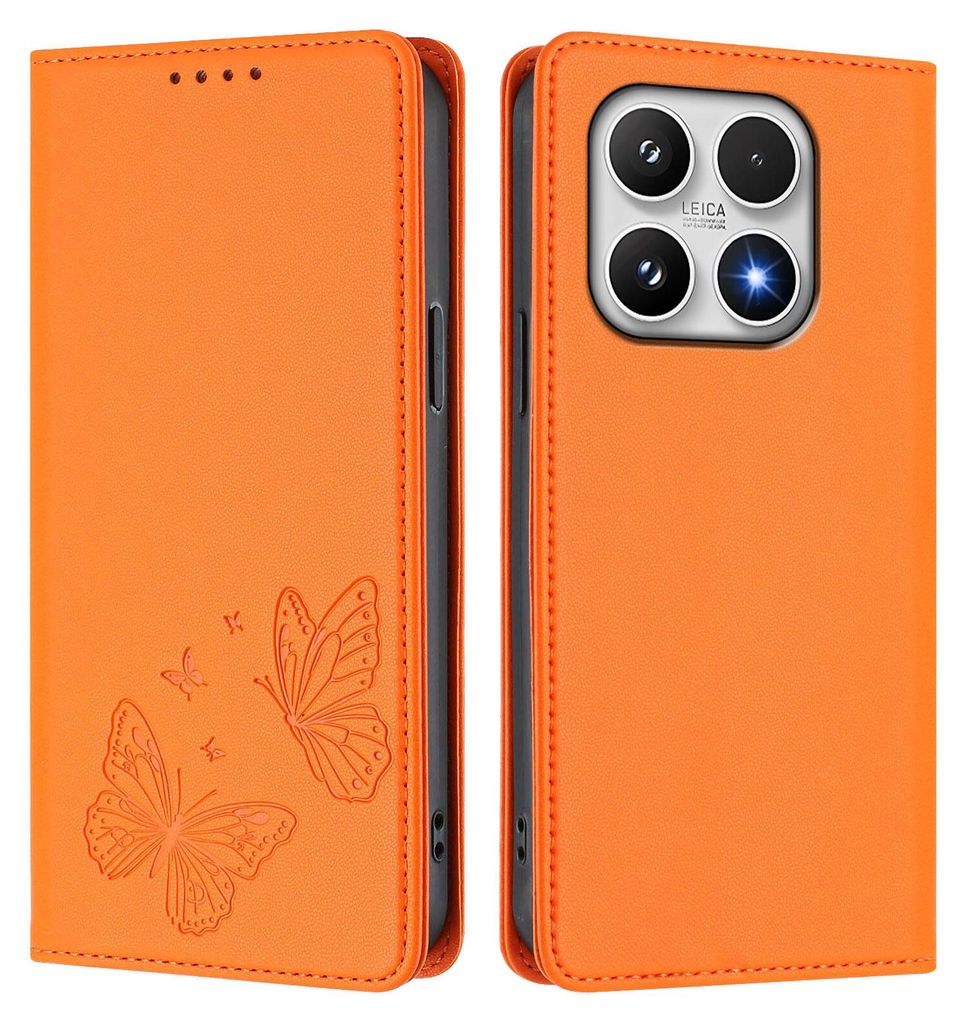 Lederhülle für Xiaomi 17, Schmetterling Prägung Leder Brieftasche Schutzhülle mit Ständer Orange