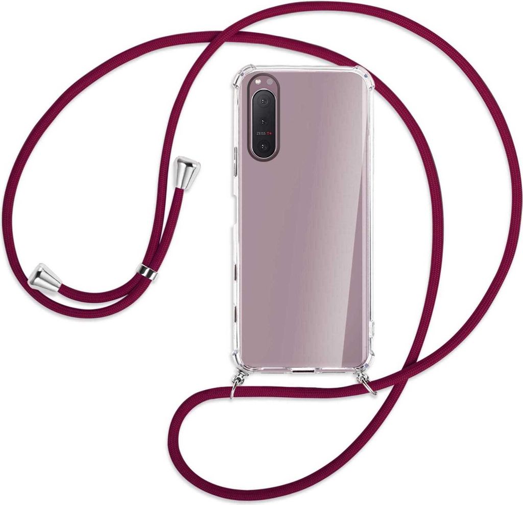 Handykette Backcover-Schutzhülle mit Band (Metall silberfarben) für Sony Xperia 5 II - dunkelrot