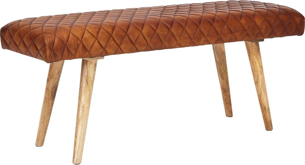 Sitzbank Echtleder / Massivholz Bank 115x53x38 cm, 2er Polsterbank Flur Esszimmer Braun, Kleine Bettbank Leder, Dielenmöbel Flurbank