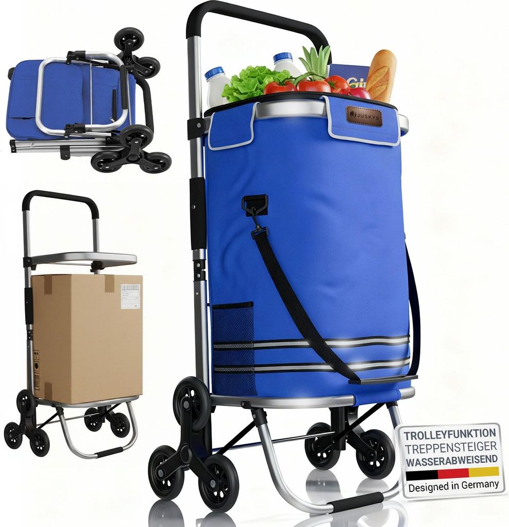 A collage of images showing a blue shopping trolley in different configurations and with different items.