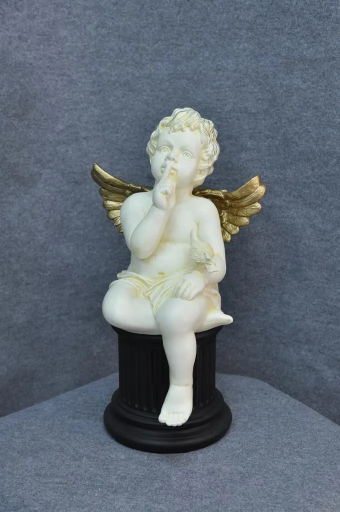 Sculpture Ange Décorative en Plâtre Blanc sur Socle Colonne 45cm