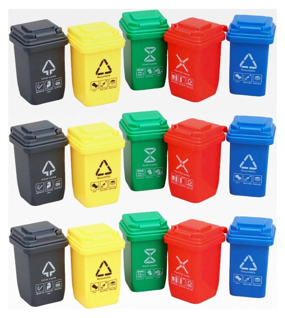 15 Mini-Mülleimer Spielzeug, 3 Sets (je 5 Farben: Grau/Rot/Gelb/Grün/Blau) aus ABS – Mini-Spielzeug für Straßenverkehrsbarrieren & Wegweiser,...