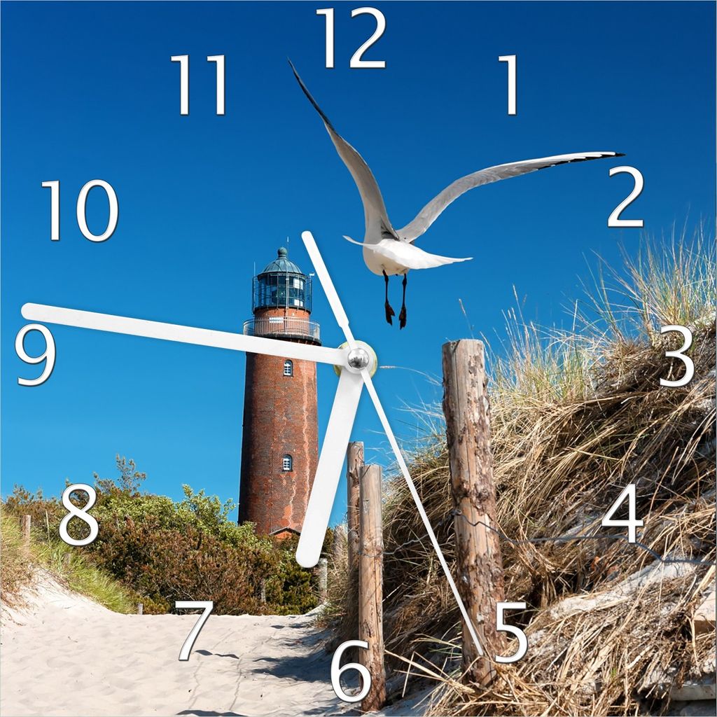 Wallario Design Wanduhr Möwe am Strand mit Leuchtturm aus Echtglas, Größe 20 x 20 cm