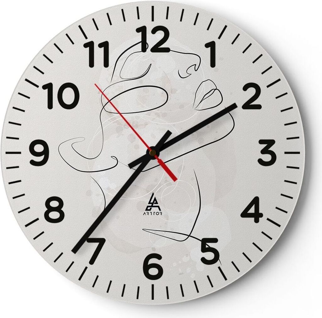 Wanduhr - Rund - Glasuhr - Gesicht Linie Skizze - 40x40cm - Schleichendes Uhrwerk - Lautlos - zum Aufhängen bereit - Dekoration Modern - Wanddekor...