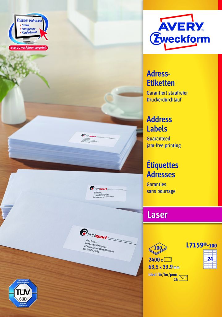 Avery Zweckform L7159-100 Adress-Etiketten, 63,5 x 33,9 mm, 100 Blatt/2.400 Etiketten, weiß