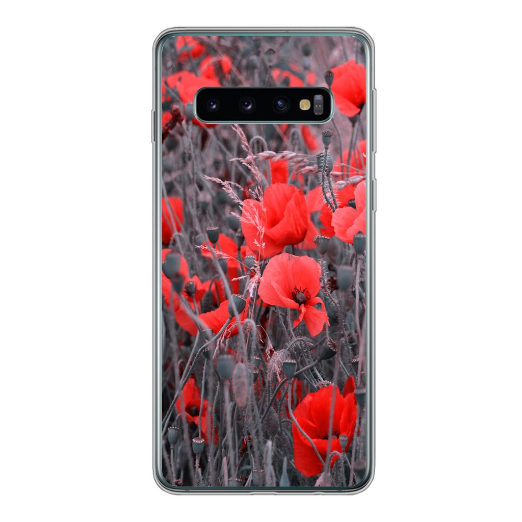 MuchoWow Handyhülle Schutzhülle Hülle für Samsung Galaxy S10 Rote Mohnblumen in einem Schwarz-Weiß-Bild Silikon Softcase Handy Hülle - Hand...