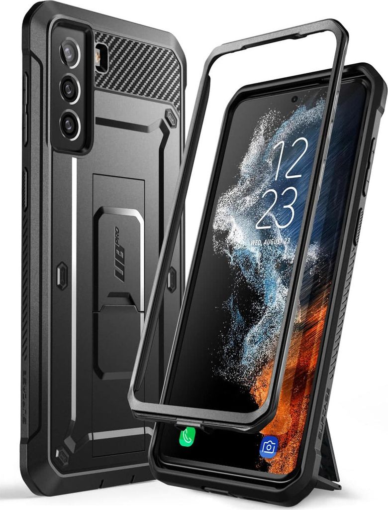 A protective phone case and its accompanying frame are displayed against a white background. The phone case is shown from the back, revealing its textured surface and a kickstand. The frame is positioned above a smartphone, suggesting its assembly.