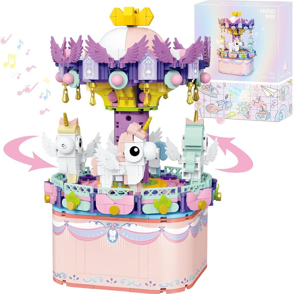 Spieluhr Baustein Spielzeug, Karussell DIY Bausteine, Geeignet für Jungen und Mädchen im Alter von 6-12 Jahren, 874 Teile