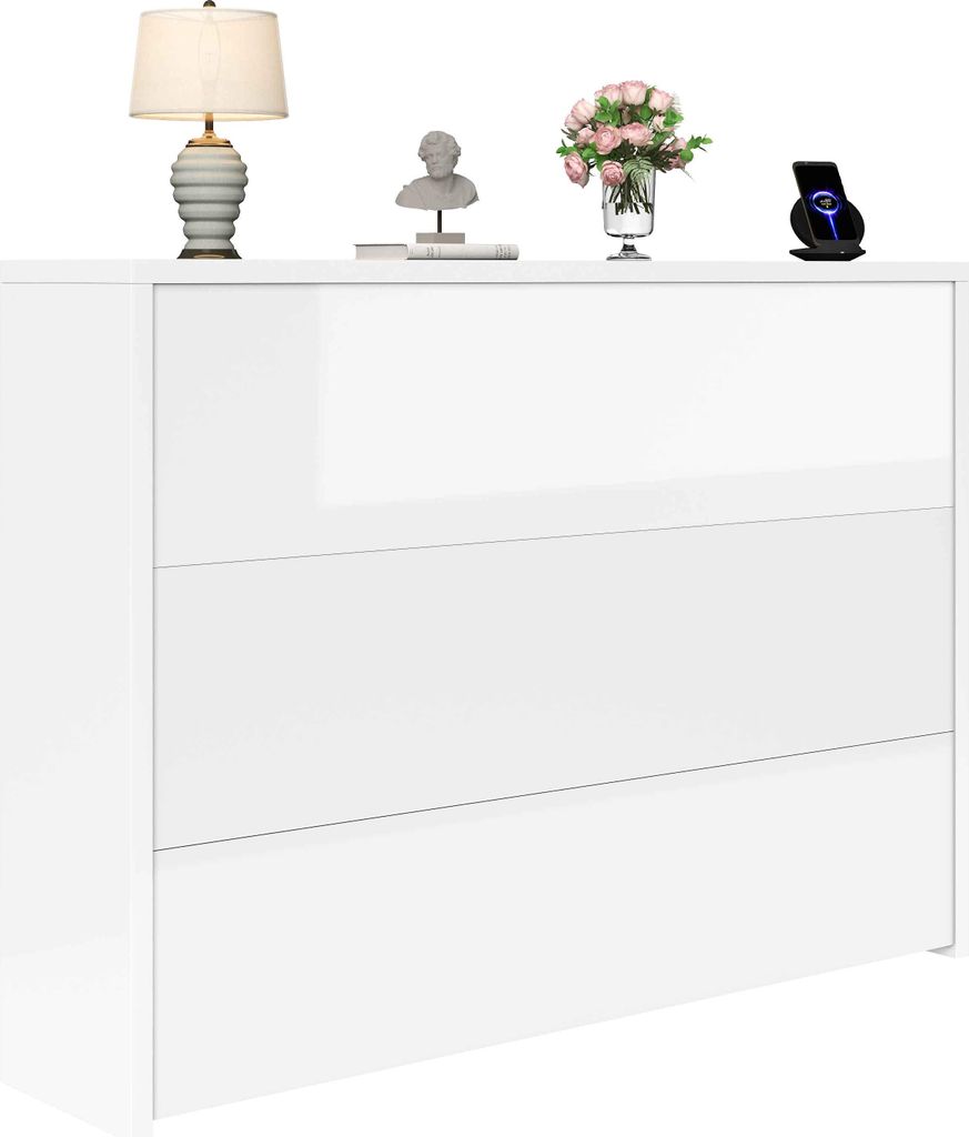 AIORBER Faltbarer Schreibtisch mit Rollen & Wireless Charger, 2-in-1 Sideboard und Arbeitsplatz, mit Regal & Anti-Kipp, mattgrau/weiß