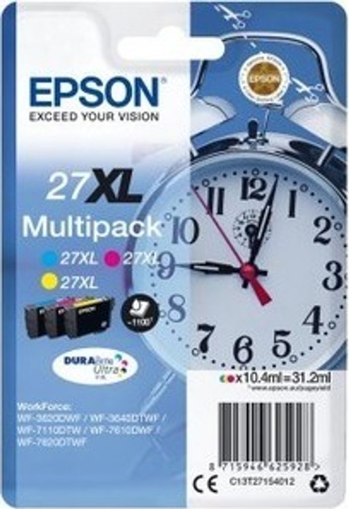 Epson Alarm clock Multipack 3-colour 27XL DURABrite Ultra Ink, Hohe (XL-) Ausbeute, Cyan, Magenta, Gelb, Tinte auf Pigmentbasis, 10,4 ml, 1 Stück(...