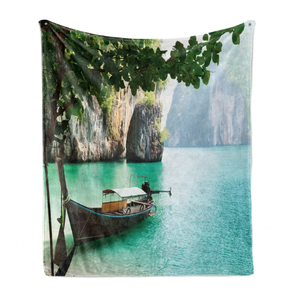 ABAKUHAUS Coperta in morbido pile di flanella tropicale, Welt Seascape Shore, confortevole peluche per interni ed esterni, 125 x 175 cm, multicolore