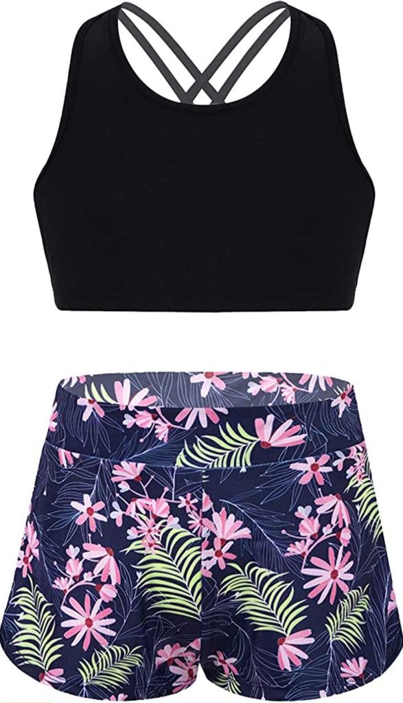 Mädchen Tankini Bikini Set Gr. 122-128 Cm Blumen Aufdruck Tank Top+Shorts Zweiteiler Badeanzug Bademode Set Kinder Beachwear Sport
