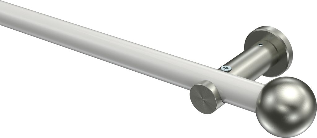 Interdeco Gardinenstange / Vorhangstange Weiß / Edelstahl-Optik, Typ Platon Luino (Kugel) ohne Ringe, 20 mm Ø 1-läufig, 160 cm