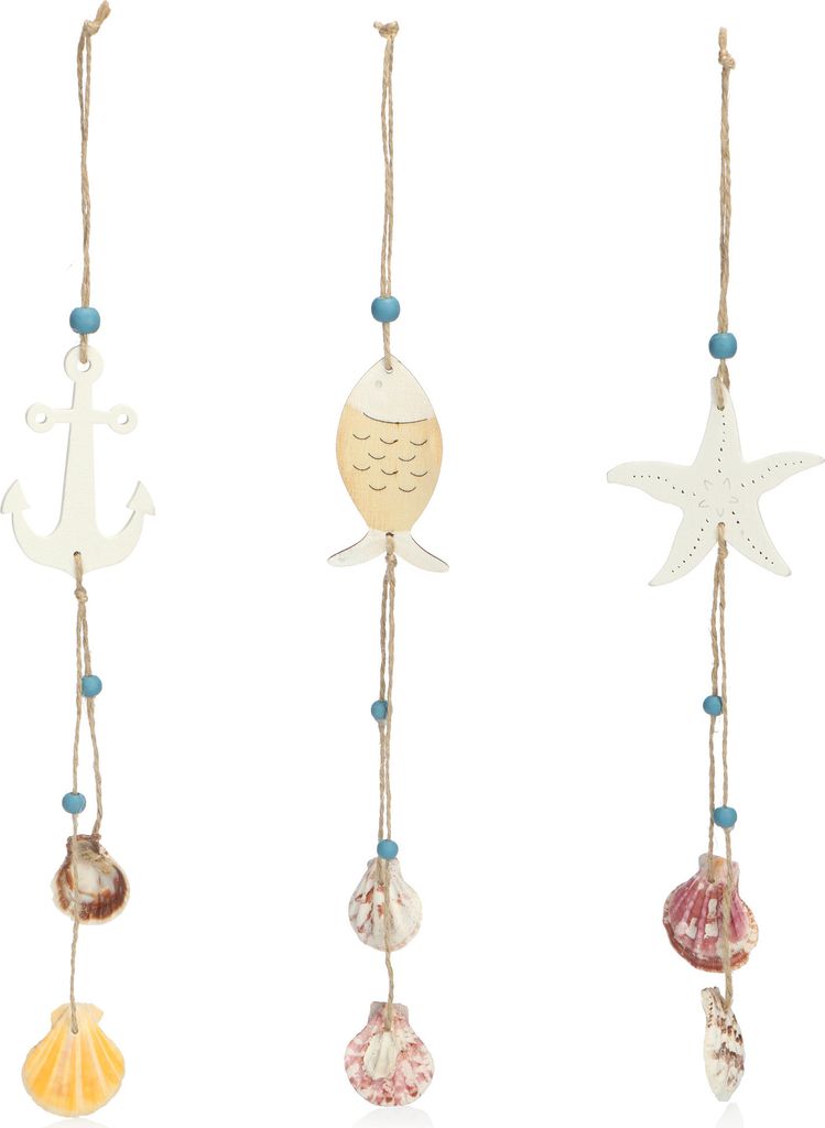 com-four 3x Hängedeko aus Holz mit Seestern, Fisch und Anker - Deko-Muscheln zum Aufhängen - Maritime Hängedeko für zu Hause