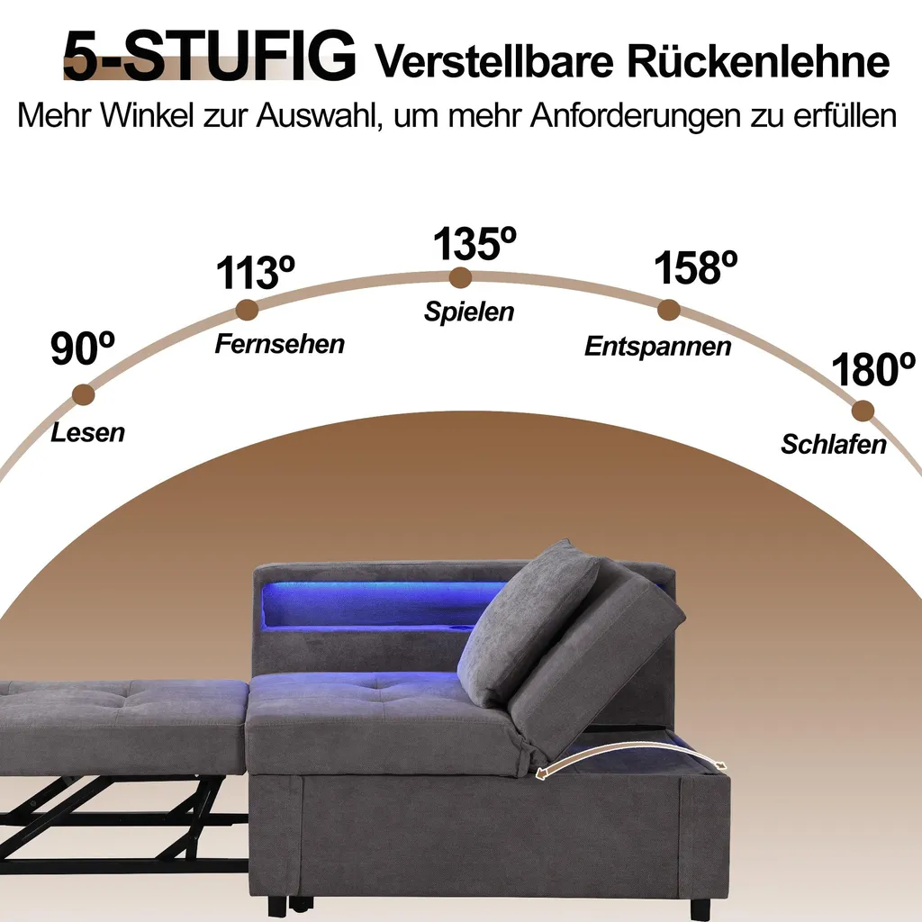 Canapé-lit Idéal Studio avec Prise USB et LED, Banquette Grise Ajustable