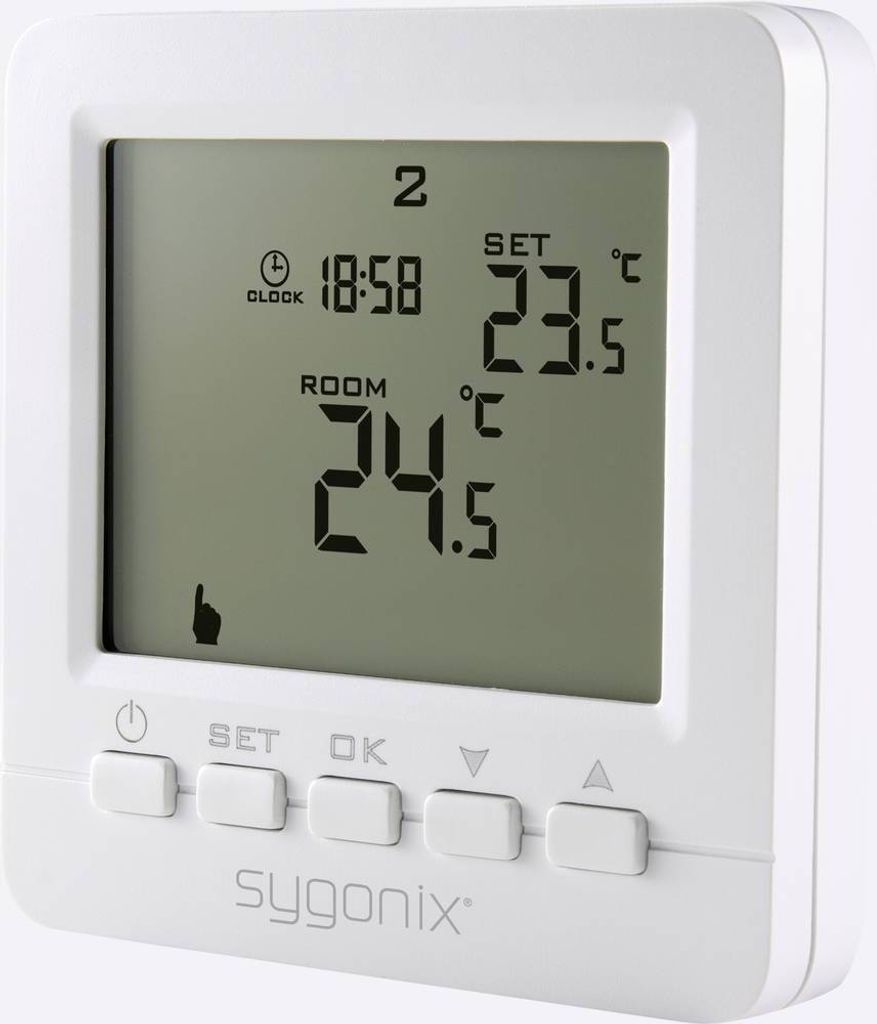 A white digital thermostat is shown against a white background.