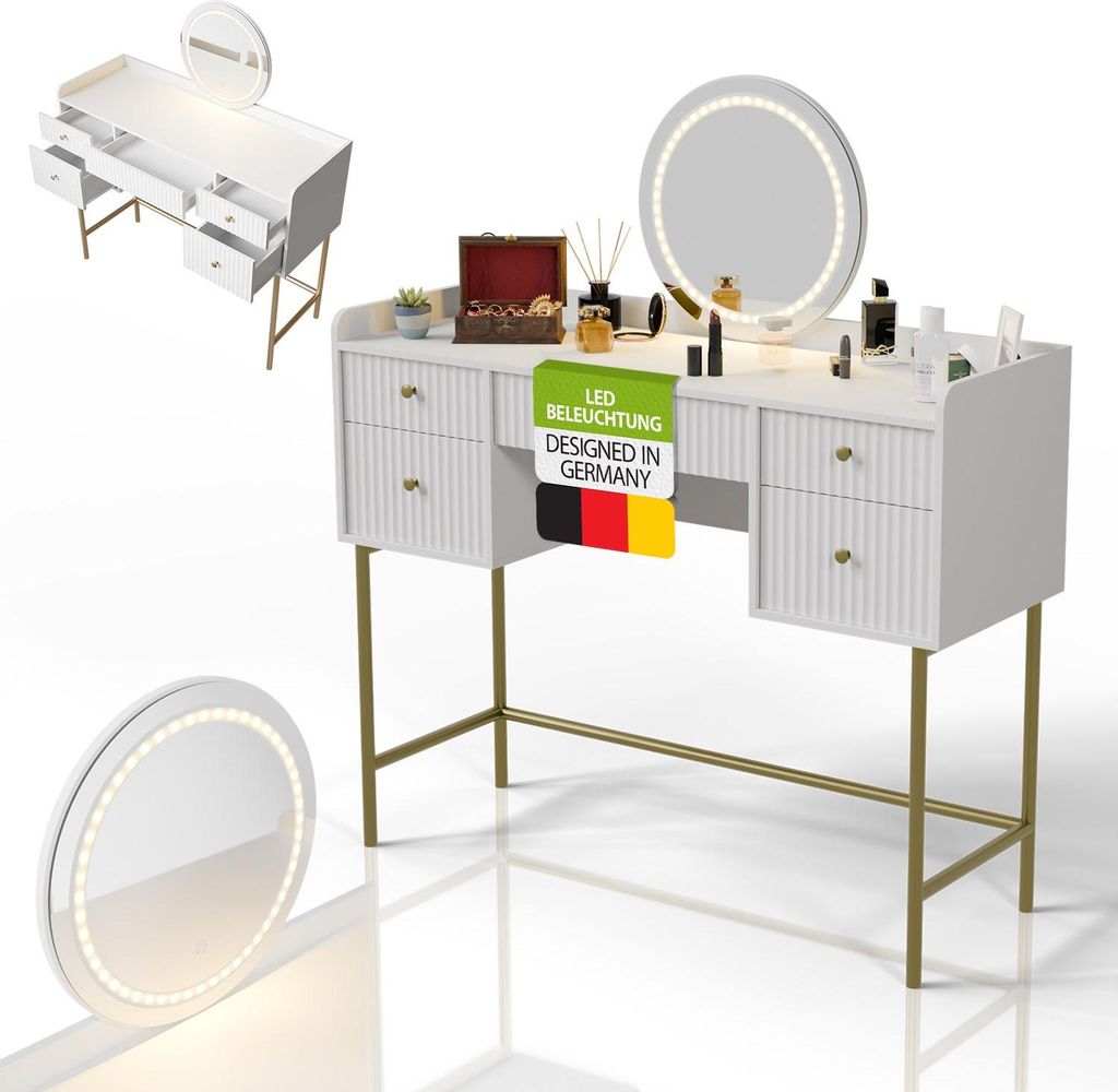 A white and gold vanity table with a round LED mirror and various makeup items on top. A smaller mirror is shown in the foreground. A separate view of the vanity table is shown in the upper left corner.