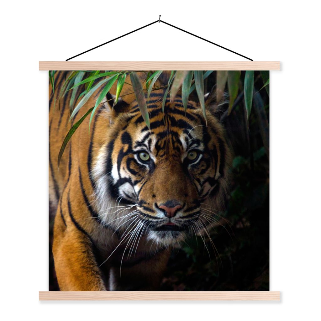 MuchoWow Textilposter Tiger - Blätter - Dschungel - Tiere - Wild 120x120 cm mit holzfarbenen Rahmen - Textil-Poster