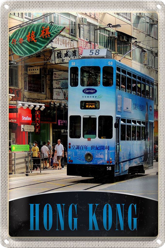 Blechschild Reise 40x30cm Hong Kong Straßenbahn Stadt City Asien