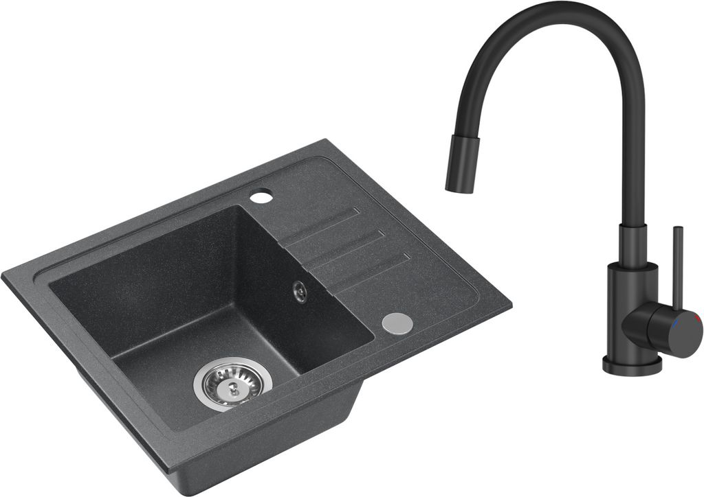 VBChome Spülbecken Granit Schwarz mit Armatur 55 x 44 cm Einzelbecken Einbauspüle Gesprenkelt Reversibel Granitspüle Siphon Waschbecken Armatur