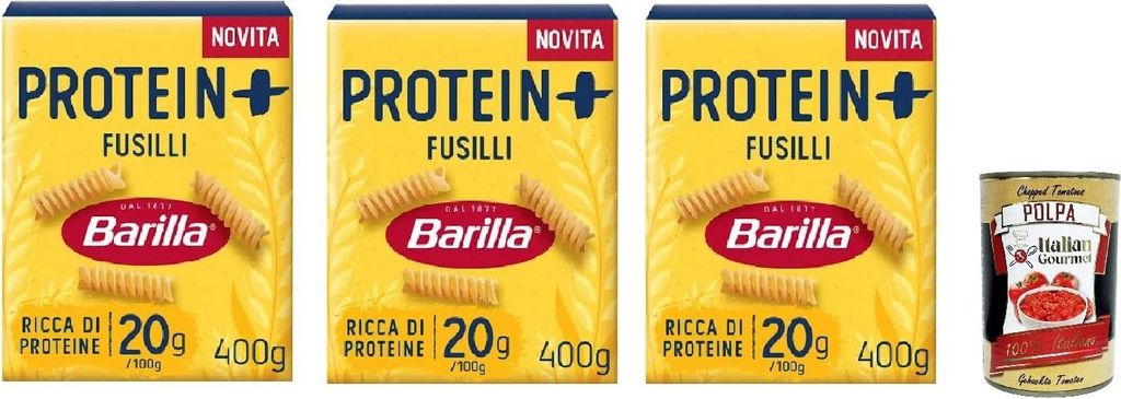 Barilla Protein+ Fusilli 400gr, Pasta reich an pflanzlichem Protein, 3x 400 g + Italian Gourmet polpa 400gr
