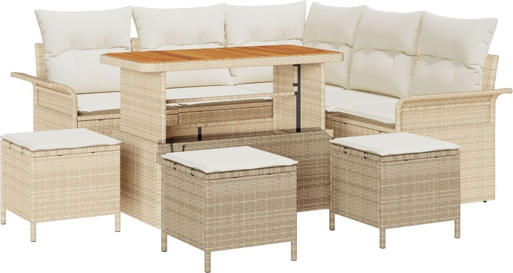 Möbel 9-teiliges Garten-Sofa-Set mit Kissen Beige Poly-Rattan Akazie, 2-Sitzer Garten-Sofa mit Stauraum & Kissen Beige Poly-Rattan, 4-teiliges Gar...