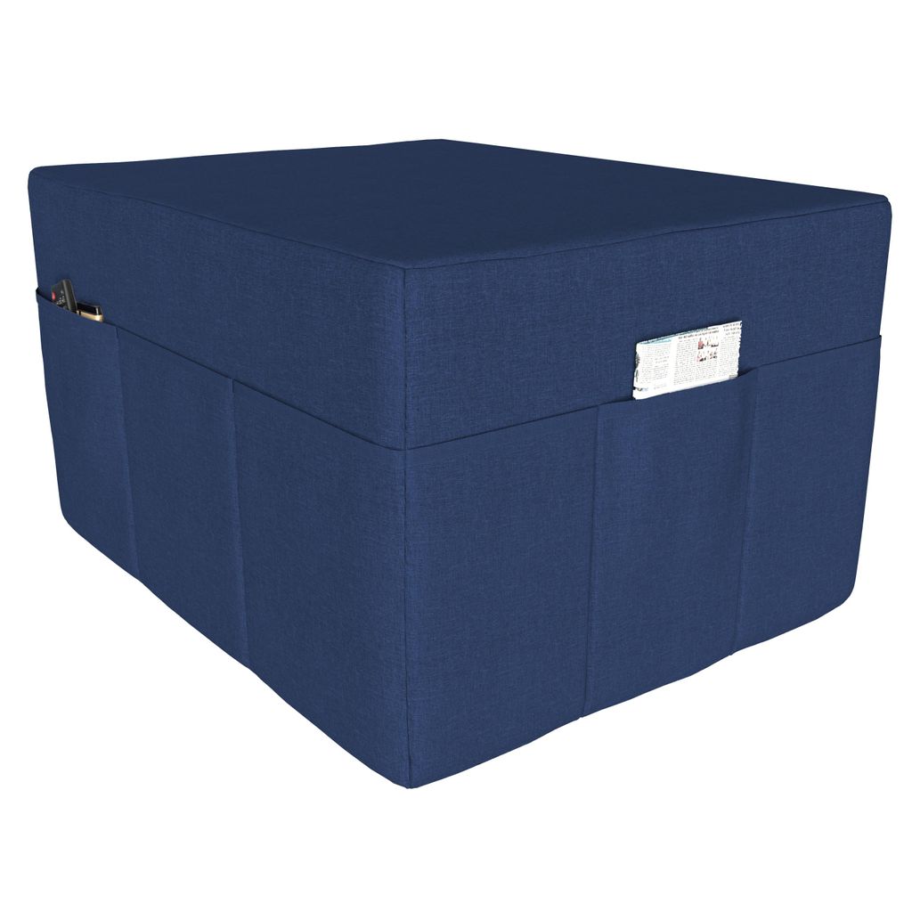 A dark blue cube ottoman with side pockets.
