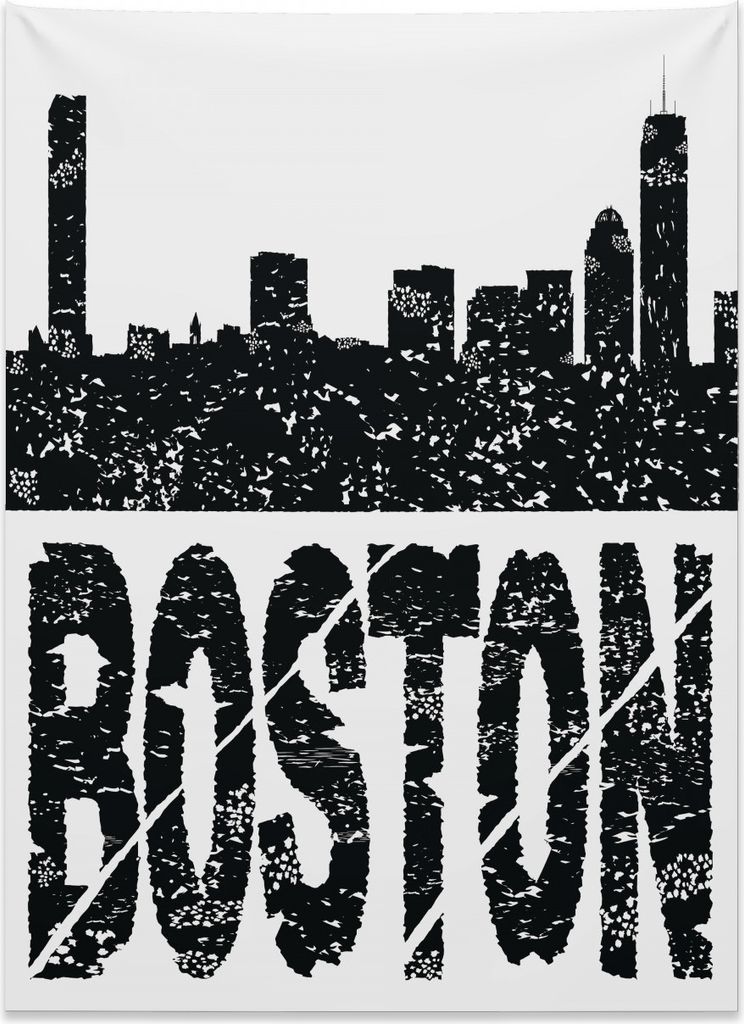 Abakuhaus Boston Wandteppich, Zerstreute Silhouette aus Weiches Mikrofaser Stoff Kein Verblassen Klare Farben Waschbar, 110 x 150 cm, Weiß und Sch...