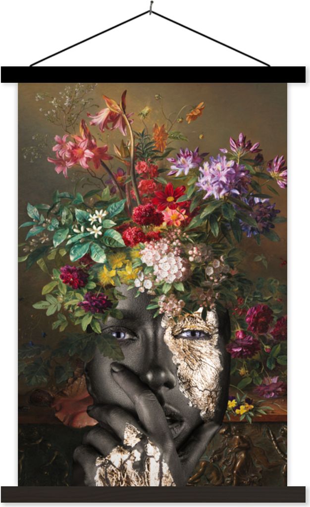MuchoWow Textilposter Frau - Blumen - Elemente 40x60 cm mit schwarzem Rahmen - Wanddekorationen