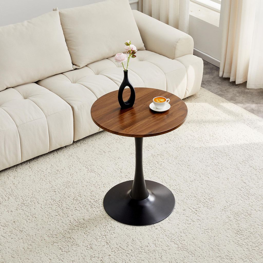 Runder 60 cm Beistelltisch / kleiner Esstisch aus MDF:Tischplatte mit hochwertiger Thermoform-Technologie, Optik in Walnussholzmaserung, schwarzer ...