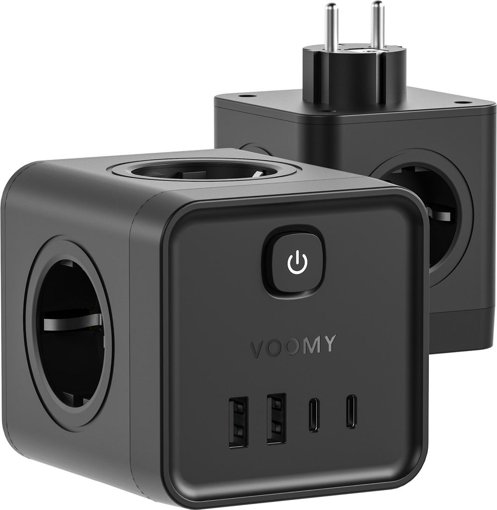 VOOMY 8-in-1 Heim Steckdosenleiste ohne Kabe – 4-Fach, 2 USB-C (20W) & 2 USB-A – Mehrfachstecker mit Überspannungsschutz & Schalter – Schwarz