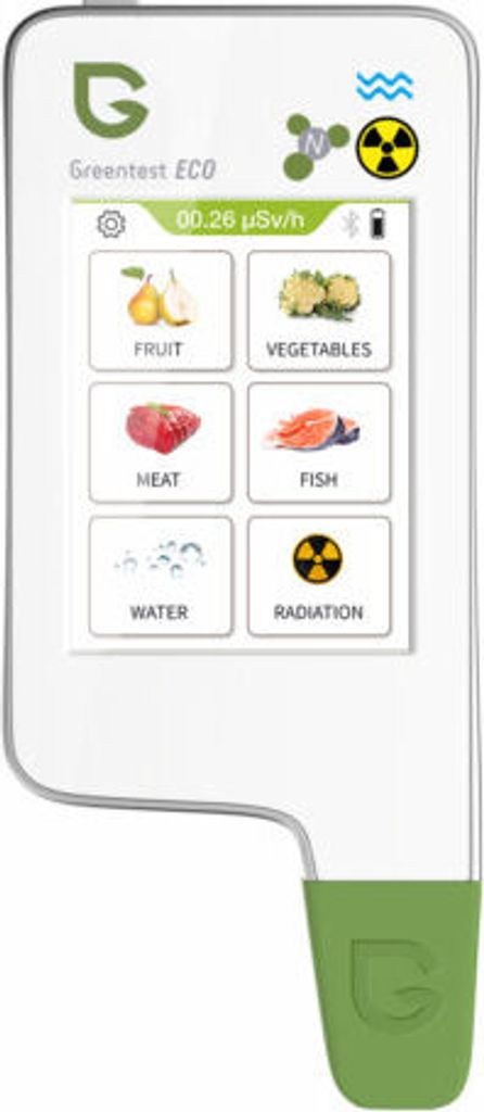 A digital radiation and nitrate meter device with a screen displaying various measurement options.