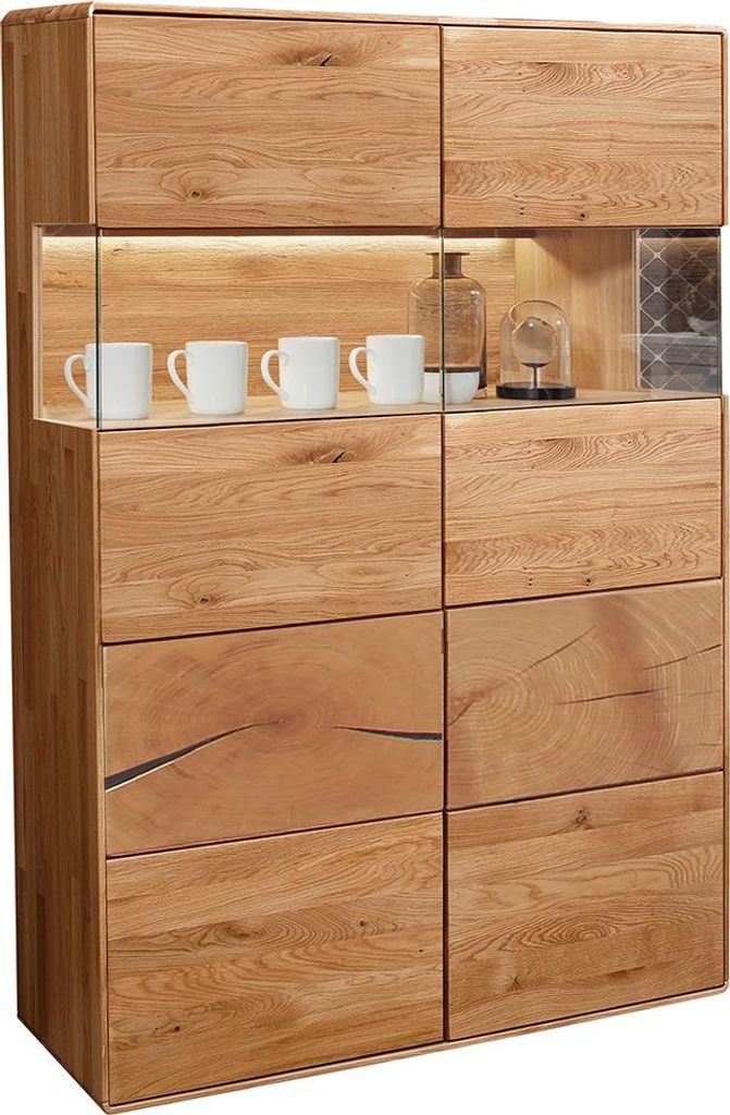 Wohnzimmer Highboard Vitrine mit 100 cm Breite in Eiche Massivholz, 2 Türen mit Glaseinsätzen - WESTON-69