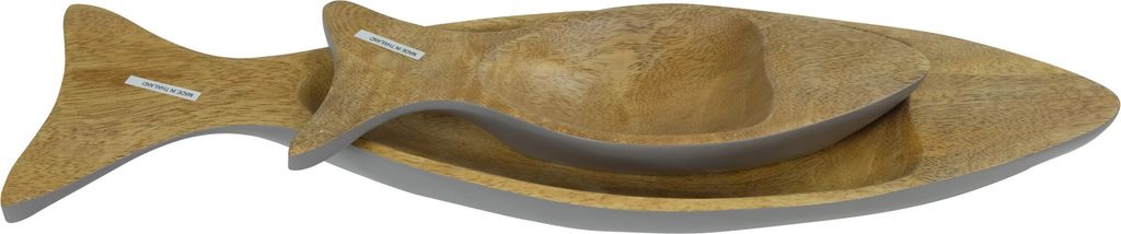 Fine Asianliving Mangowood Decorative Plates Set/2 Fish Hand Thailand Grey