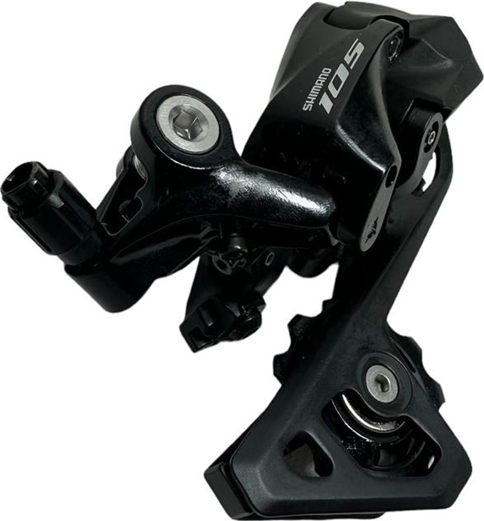 A black bicycle rear derailleur is shown against a white background.