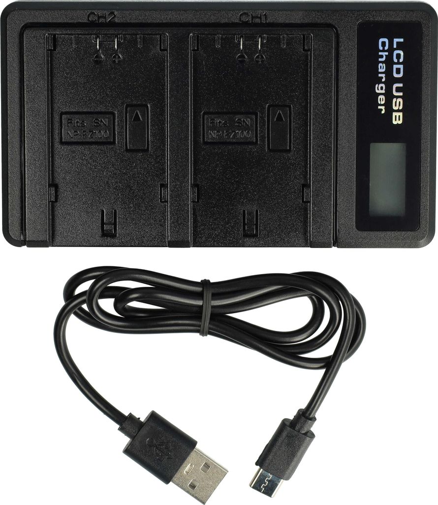 vhbw Dual Micro-USB + USB-C Ladegerät kompatibel mit Sony ZV-E1 Kamera - Ladeschale + Micro-USB Kabel Ladeanzeige + Display