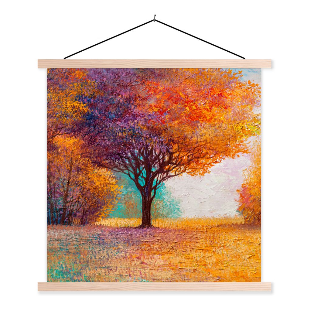 MuchoWow Textilposter Ölgemälde - Baum - Farben 120x120 cm mit holzfarbenen Rahmen - Textil-Poster