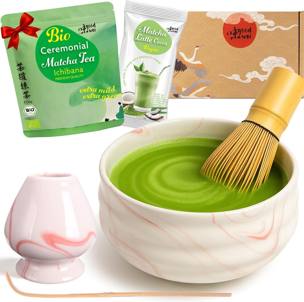 Matcha Teezeremonie Set "Pink Marmor" mit Schale, Besen, Besenhalter & Matchapulver + Cocos – edles Komplettset für Matcha-Genuss und Zeremonie
