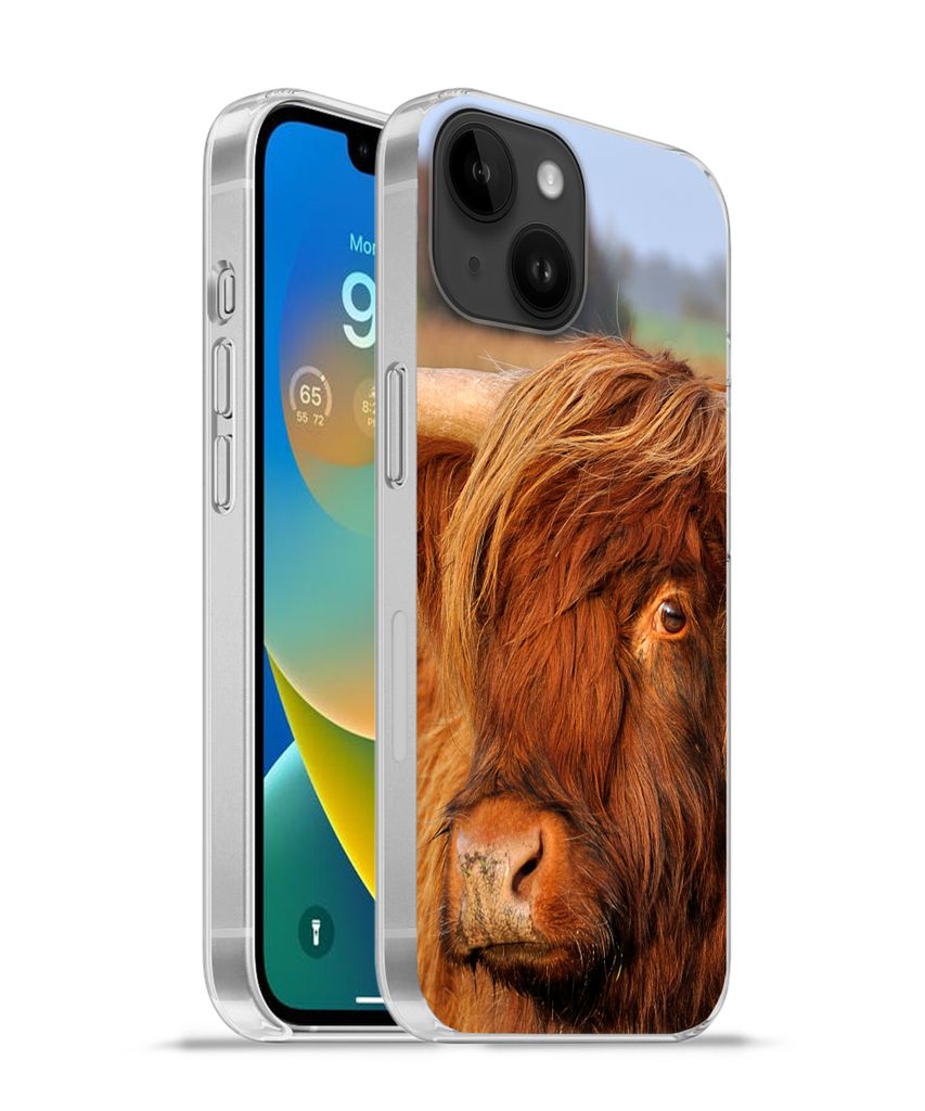MuchoWow Handyhülle Schutzhülle Hülle für Apple iPhone 14 - Softcase Schottischer Highlander - Gras - Baum Silikon Softcase Handy Hülle - Mo...