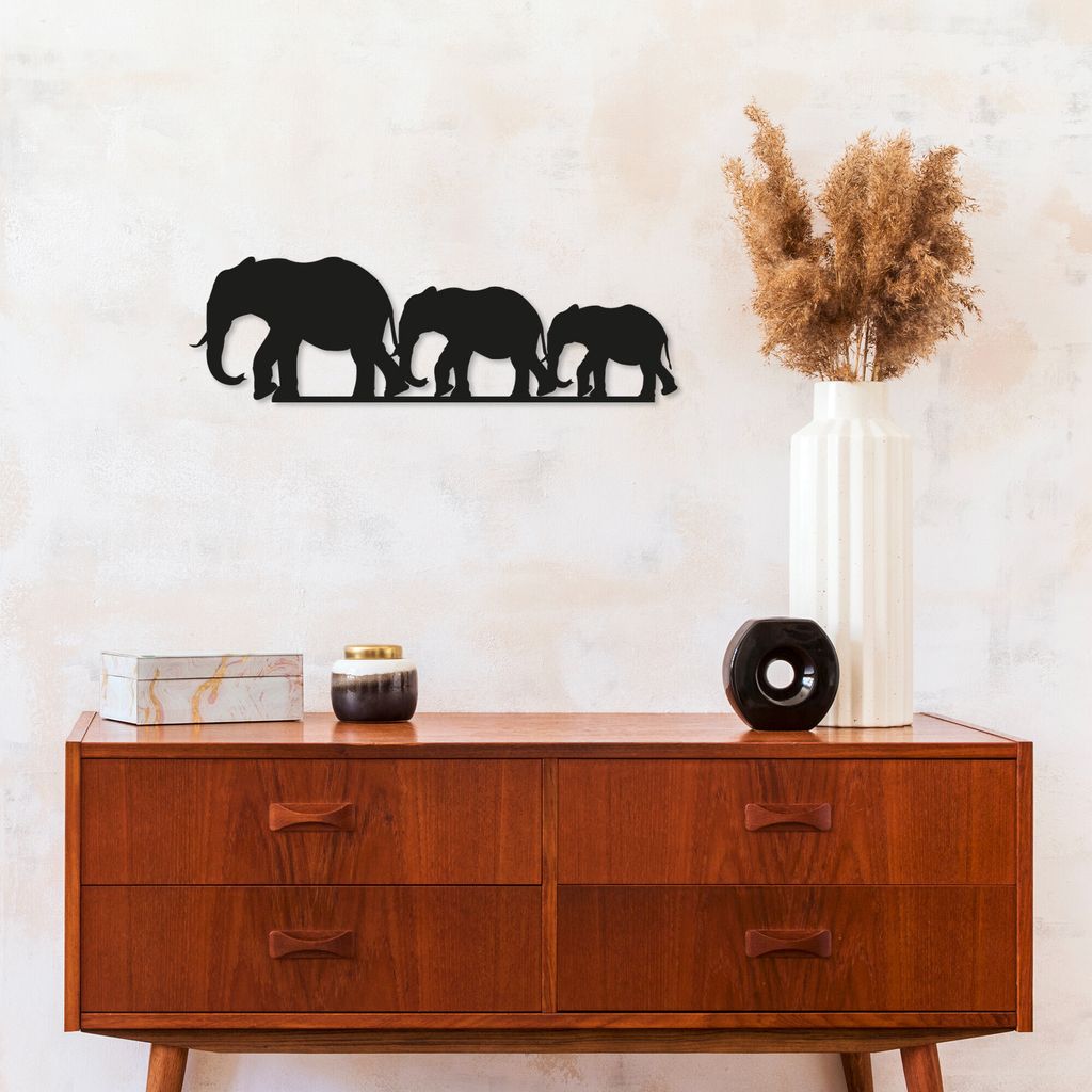 Wallity, Elephants, Wanddeko, Schwarz, Metall, 15 x 50 cm
