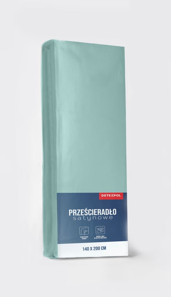 A folded mint-colored satin bedsheet is presented upright against a light gray background.