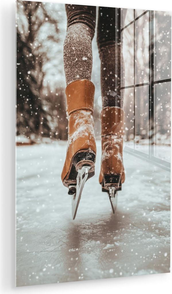 MuchoWow Glasbilder - Bilder auf Wandbild - Foto auf Glas Schlittschuhlaufen - Eis - Winter - Schnee 80x120 cm Wanddekoration aus Glas - Acrylglasb...