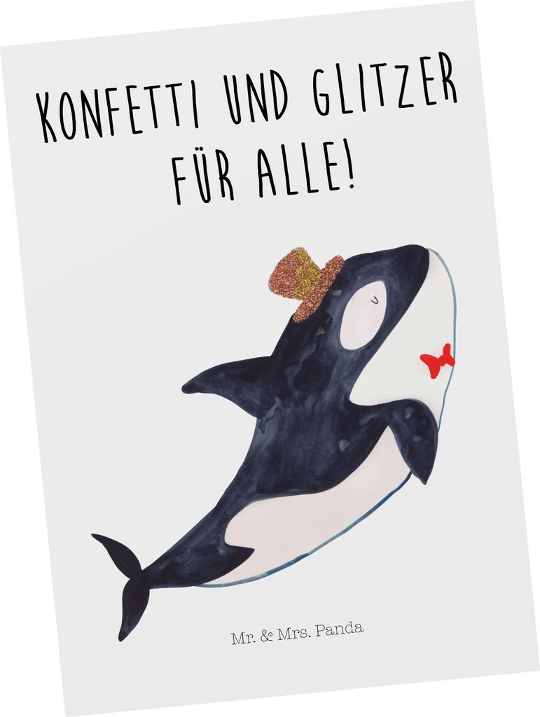 Mr. & Mrs. Panda Grußkarte Orca Zylinder - Weiß - Geschenk, Narwal, Konfetti, Fest, Geburtstag, Postkarten, Meer, bildkarte, Ansichtskarten, Ansi...