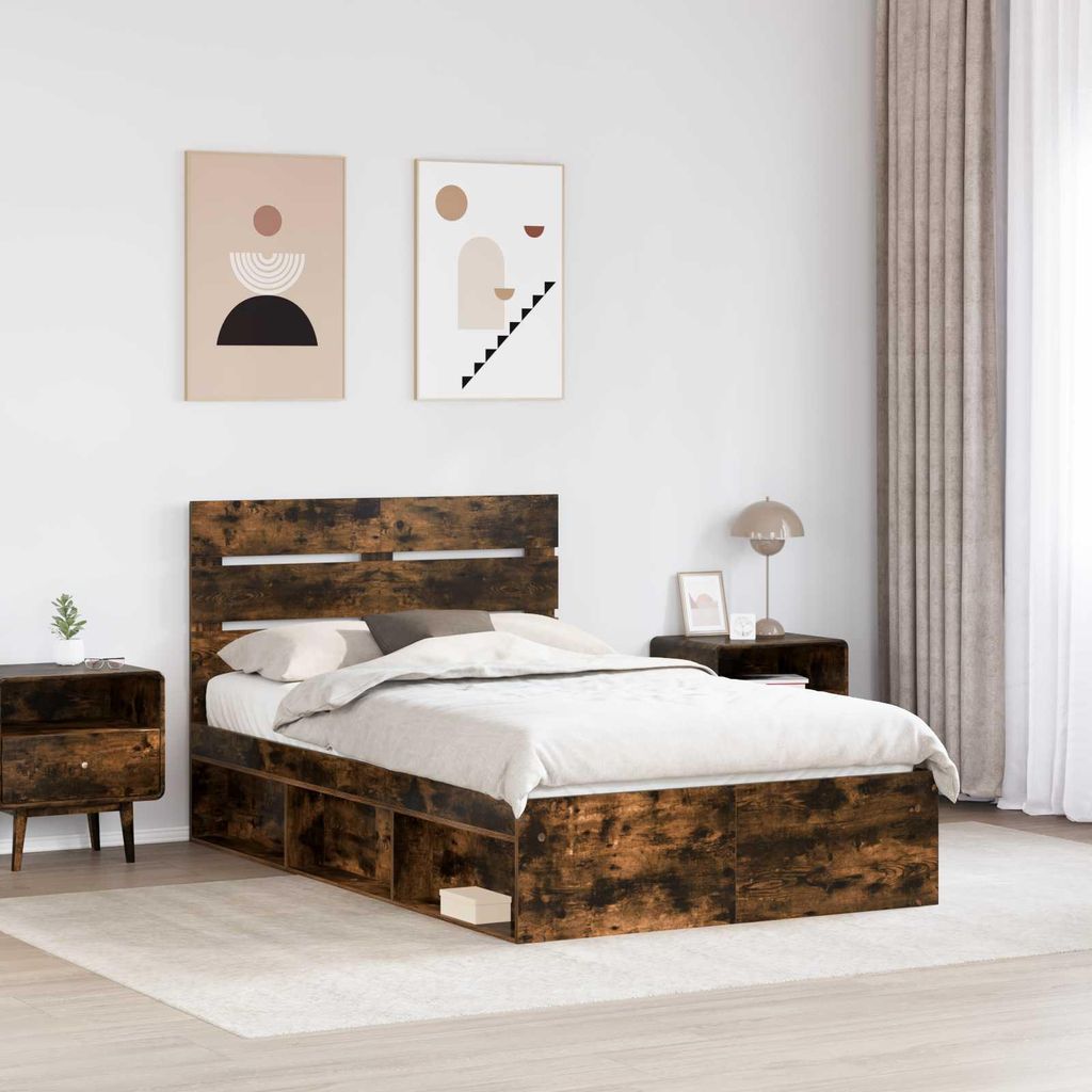 Eleganter Möbel Bettrahmen Geräucherte Eiche 135 x 190cm Massives Kiefernholz - CJG945926 - Klassische BettenJugendbett Tagesbett