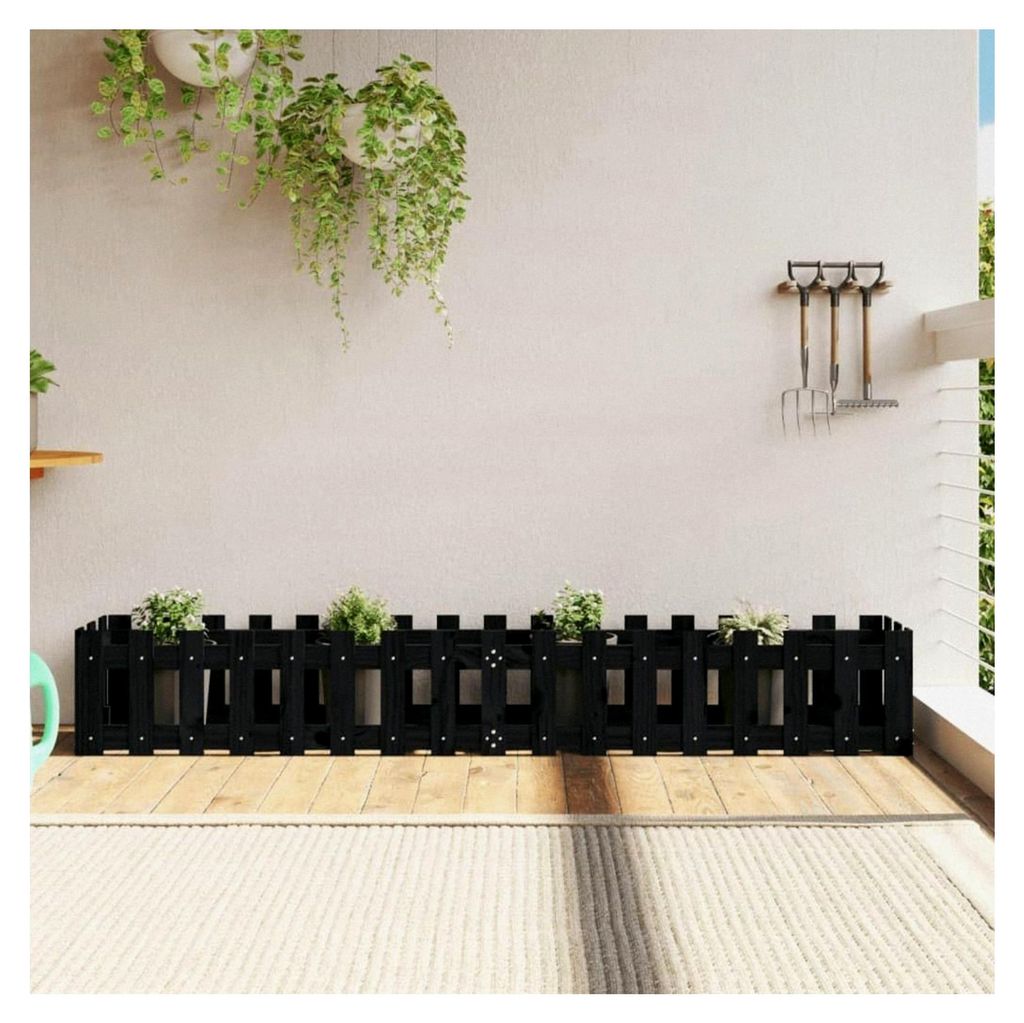 Hochbeet Latten-Design Schwarz 200x30x30 cm aus massivem Kiefernholz