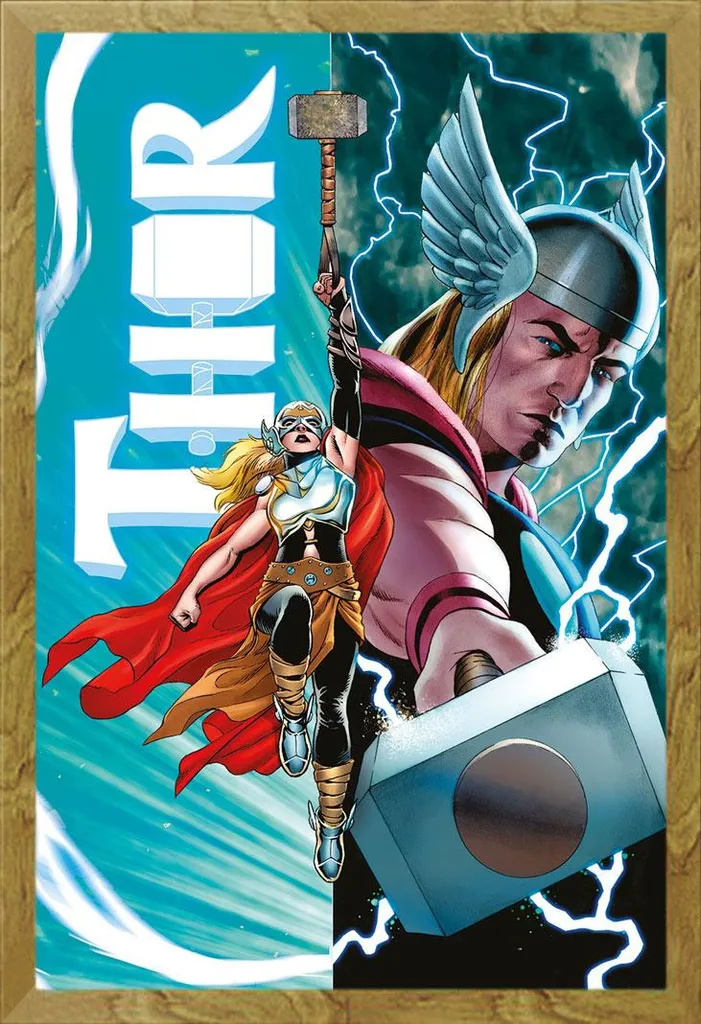 Thor - Poster - Thor vs Thor femmina + cornice rimovibile, Shinsuke® Maxi MDF oak, disco acrilico